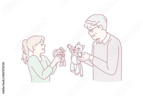 Happy mature grandfather play dolls with smiling little granddaughter. Smiling loving grandpa have fun enjoy toy game with excited small grandchild. Young and old generation. Vector illustration.