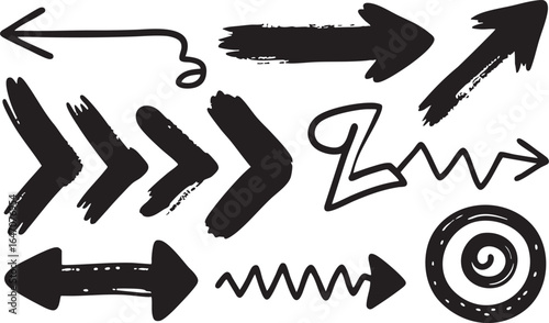 Collection of hand drawn black arrows and pointers isolated on white background