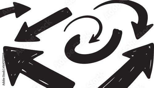 Collection of hand drawn black arrows and pointers isolated on white background