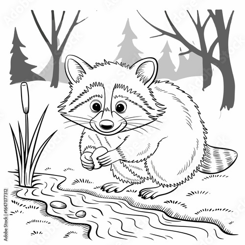 Curious raccoon holding pebble near tiny stream and reeds
