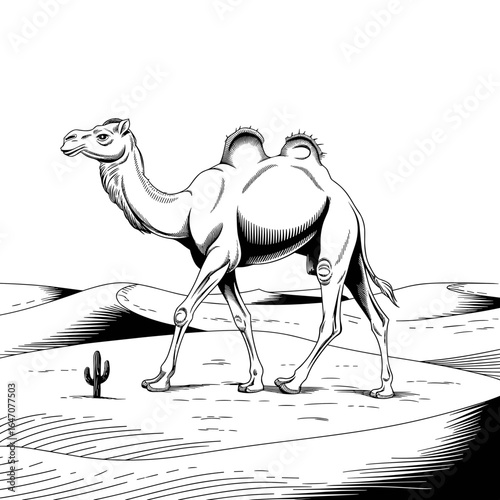 Two-humped camel carrying rider across empty desert with dunes