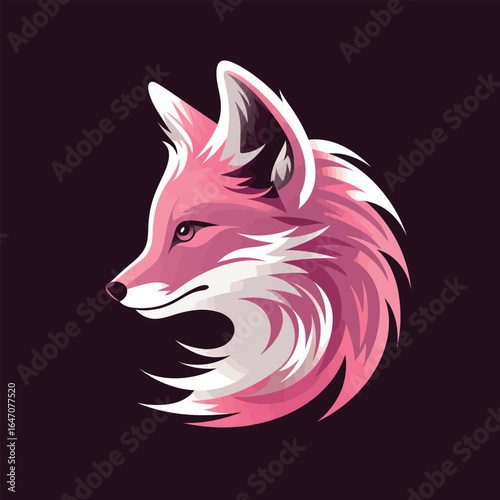 A pink foxs head is prominently displayed against a stark black background. The foxs features are vivid and detailed, with its ears perked up and its eyes alert. The contrast between the pink fur and 