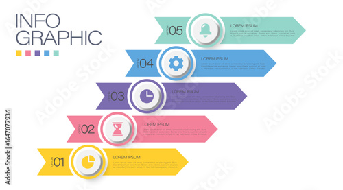 Infographics of growth and advancement. Five steps to success layout infographic with business icons and space for data.