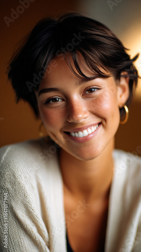 Smiling young woman with short dark hair and radiant skin showcases confidence and happiness in a soft, warm setting

