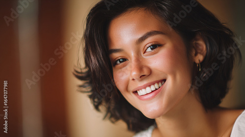 Smiling young woman with short dark hair and radiant skin showcases confidence and happiness in a soft, warm setting


