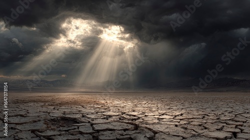 Dark clouds split by light over parched, cracked earth, barren landscape conveying desolation