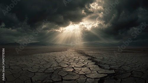 Dark clouds split by light over parched, cracked earth, barren landscape conveying desolation