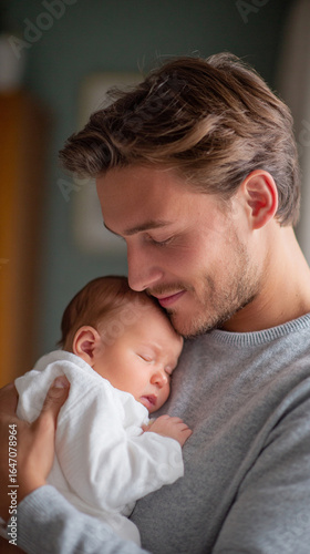 Tender moment shared between father and baby, showcasing love and affection in a calm setting

