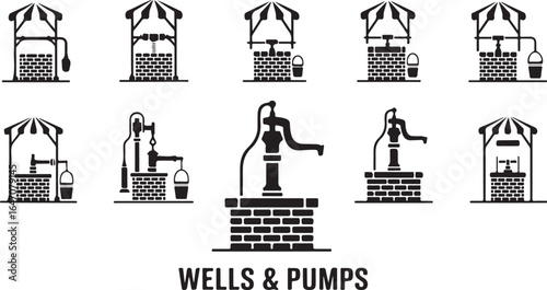 Wells and Pumps Collection - Black and White Water Pump Illustrations