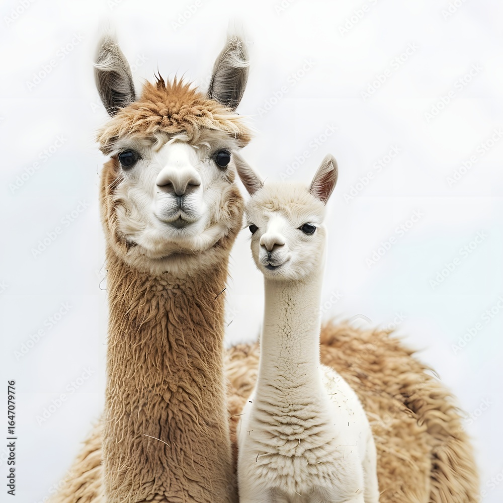 Obraz premium Two llamas, one adult and one juvenile, standing together against a soft, blurred background