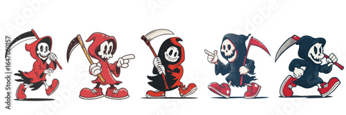 Halloween Grim Reaper cartoon mascot character with expressive faces and gestures