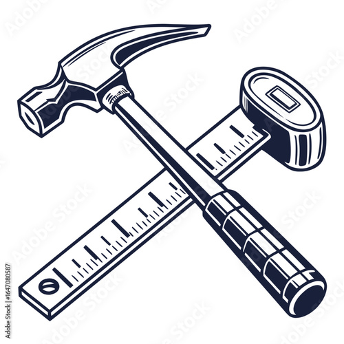 Illustration of a hammer and ruler, essential tools for construction, carpentry, and woodworking isolated on white background