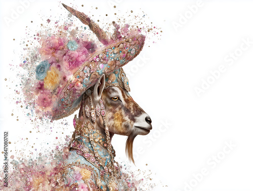 Elegant goat adorned with flowers and jewels in an artistic display