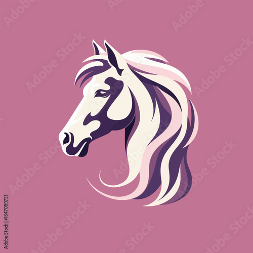 A close-up view of a horses head showing long flowing hair on a vibrant pink background. The horses mane is thick and untamed, cascading down the neck in a wild and beautiful display.