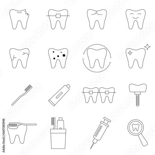 Editable line icon set for dental care and brushing. Collection of dentist and oral health logos. Icons of teeth, caries, implants, and dentures. Vector illustration. Isolated on a white background.