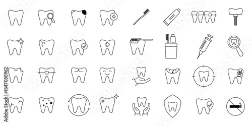 Editable line icon set for dental care and brushing. Collection of dentist and oral health logos. Icons of teeth, caries, implants, and dentures. Vector illustration. Isolated on a white background.