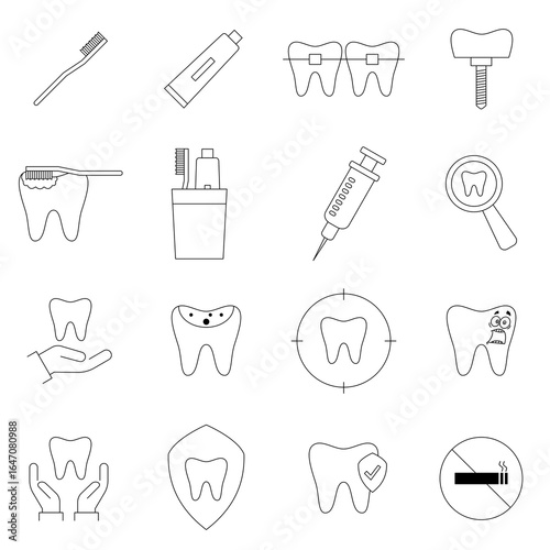 Editable line icon set for dental care and brushing. Collection of dentist and oral health logos. Icons of teeth, caries, implants, and dentures. Vector illustration. Isolated on a white background.