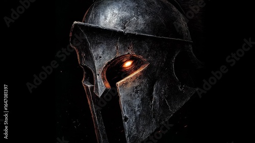 Ancient warrior helmet with glowing eye in dramatic dark fantasy style.