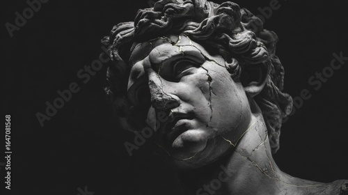Cracked classical statue face with golden repairs on black background in dramatic light.