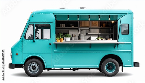 Minimal turquoise food truck with open serving window, stainless steel kitchen interior, potted plants, condiments, and white trays, set against a clean white background.