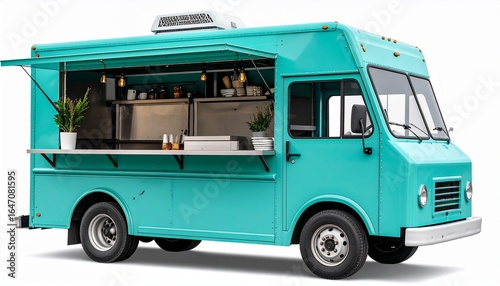 Minimal turquoise food truck with open serving window, stainless steel kitchen interior, potted plants, condiments, and white trays, set against a clean white background.