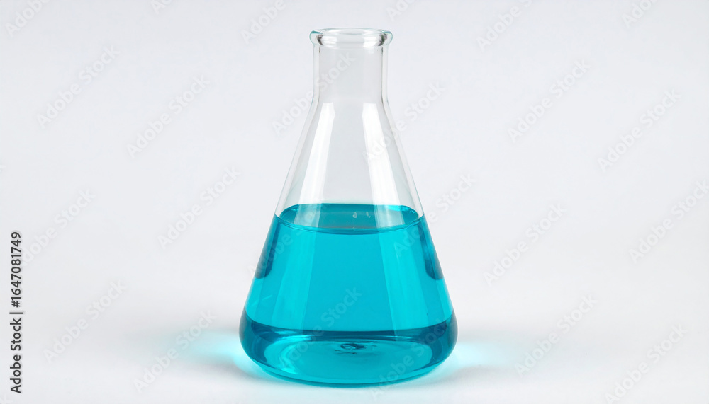 Conical flask with turquoise liquid on white background. Laboratory experiment. Conical flask with turquoise liquid on white background. Laboratory experiment.