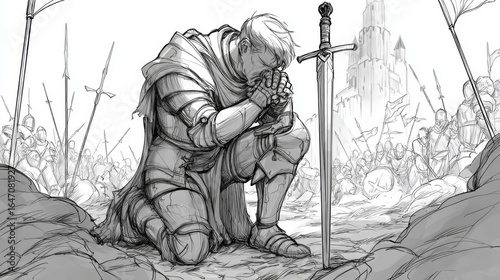 Medieval knight kneeling before battle scene with sword and castle in background.