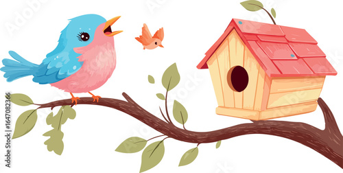 Small, handmade wooden birdhouse isolated on a branch with a roof