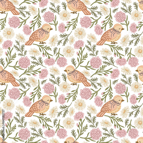 Little bird with carnation and daisy flower seamless pattern. Hand drawn floral background with coquette vintage feel. Great for textile design and wallpaper. Perfect for bed linen and kids decor.