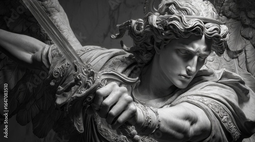 Dramatic marble statue of angelic warrior holding ornate sword in intense focus.