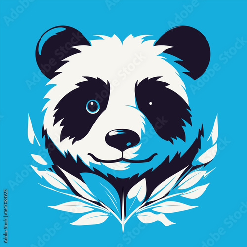 A black and white panda bear is standing out against a vibrant blue background. The pandas distinctive markings contrast sharply with the bold blue backdrop. The pandas fur is fluffy, and it looks dir