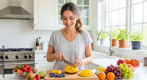Woman Chopping Mango in a Bright Kitchen