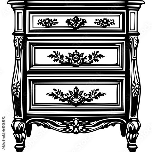 Vintage Nightstand: A classic black and white illustration of a detailed nightstand showcases elegant curves, intricate carvings, and a timeless aesthetic for interior decor or design concepts.