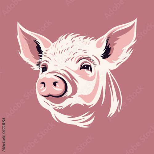 The image shows a pigs head placed on a vibrant pink background. The focus is on the detailed features of the pigs head, including its snout, ears, and eyes, against the striking color of the backgrou