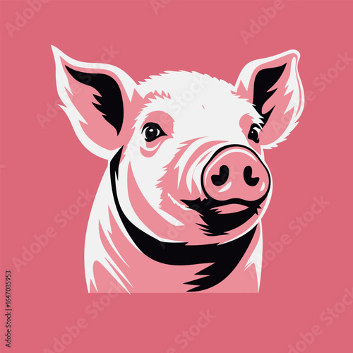 A single pigs head is displayed prominently on a plain pink background. The head is detailed and shows the characteristics of a pig, such as its snout, ears, and eyes.
