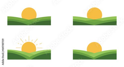 Four variations of a golden egg in a green hilly landscape design