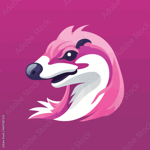 A pink and white animal with a black nose is standing in a field, looking around. Its vibrant colors contrast sharply against the green grass. The animal appears curious and alert.