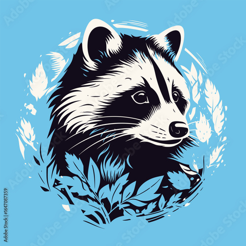 A raccoon standing with leaves wrapped around its neck. The raccoon appears curious as it looks around its surroundings. The vibrant green leaves contrast against the raccoons fur.