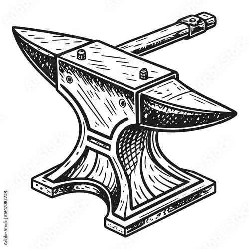 A vintage black and white illustration of a blacksmith s anvil with a hammer resting on top