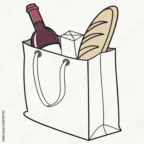 A white shopping bag filled with a bottle of wine a box and a baguette