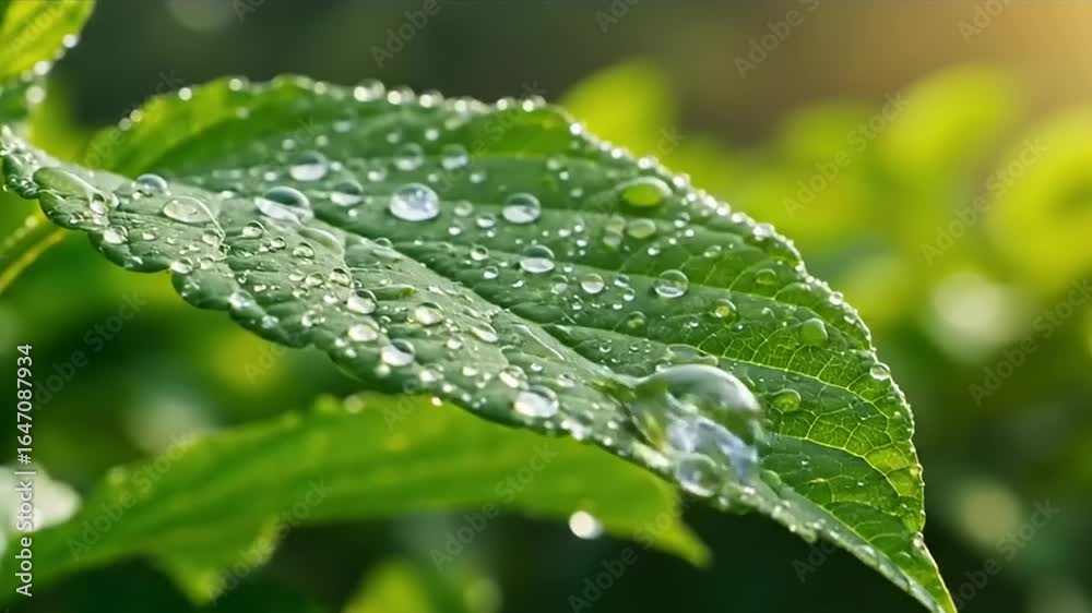 Close-up of Dew Drops on a Lush Green Leaf in Soft Sunlight Close-up of Dew Drops on a Lush Green Leaf in Soft Sunlight