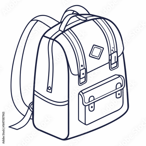 Classic outline illustration of a vintage style backpack with buckles and straps