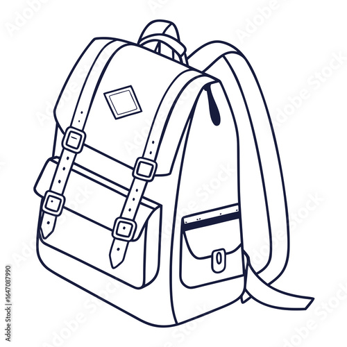 Classic vintage style backpack with buckles and straps in a simple outline drawing