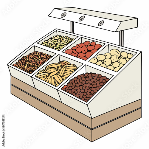 Display of various dried beans grains nuts and seeds in a retail store bin