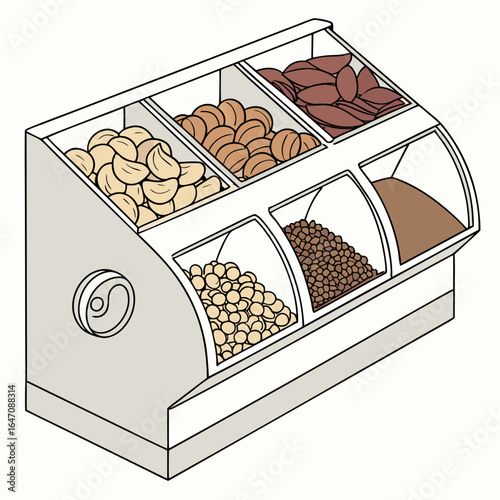 Illustration of a bulk food dispenser filled with various nuts and seeds in separate compartments