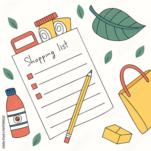 Hand drawn shopping list with pencil grocery bag bottle and leaves on a white background