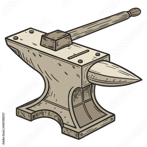 Illustration of a traditional blacksmith anvil with a hammer resting on its surface
