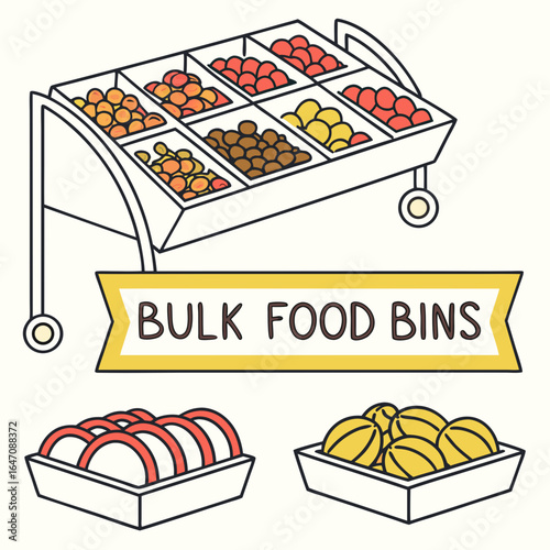 Illustration of colorful bulk food bins filled with various fruits and nuts in a grocery store setting