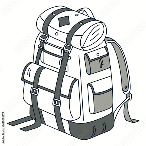Illustration of a large camping backpack with multiple pockets and straps for outdoor adventures