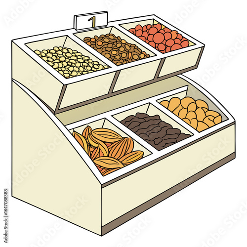 Illustration of a retail display case filled with various bulk food items like nuts and dried fruits